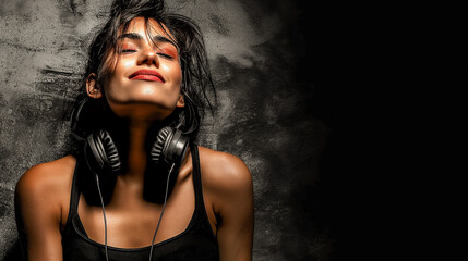 A woman wearing headphones and smiling. Scene is happy and relaxed. The woman is enjoying her music and seems to be in a good mood