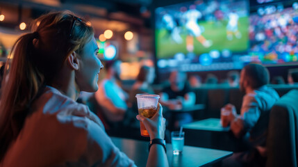 A woman is sitting at a bar watching a soccer game with friends. She is holding a cup of tea and smiling