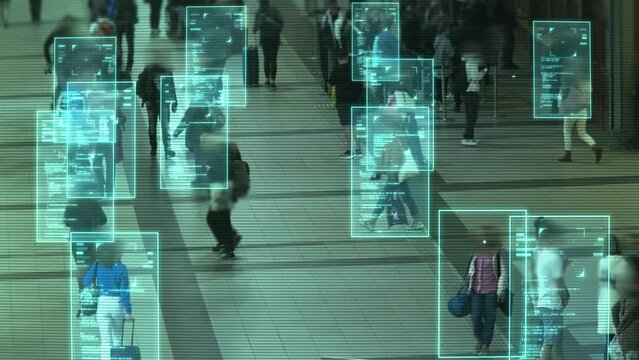 Surveillance camera with artificial intelligence recognizes and identifies people in public place. Street CCTV identifies human faces. Personality recognition software concept. Facial Identification.
