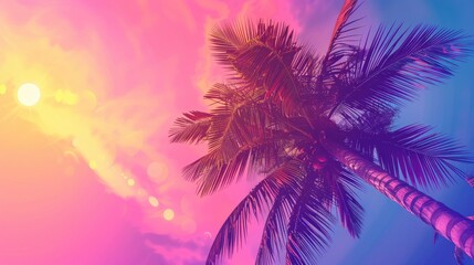 Fototapeta na wymiar abstract palm tree, colorful sky with the sun in the background, purple and pink colors, vintage look, summer vibes, vibrant colors, tropical vibes, nature photography, natural light