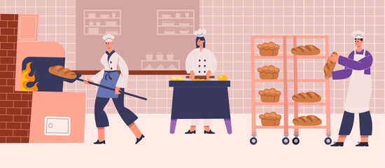 Professional bakers characters cooking, baking bread and pastry