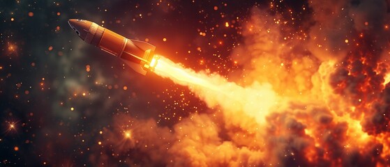 A depiction of fiery exhaust billowing out of a rocket as it soars towards the heavens ,3DCG,clean sharp focus - obrazy, fototapety, plakaty