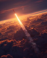 A scene of a blazing trail left by a rocket as it ascends into the sky ,3DCG,clean sharp focus