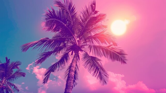 abstract palm tree, colorful sky with the sun in the background, purple and pink colors, vintage look, summer vibes, vibrant colors, tropical vibes, nature photography, natural light