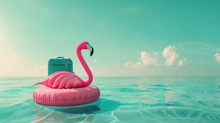 Pink flamingo inflatable belt with travel suitcase in turquoise blue water 3D Rendering. copy space for text.