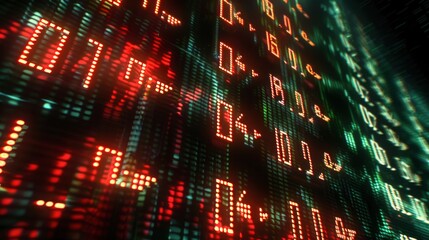 Closeup of a stock market display with numbers and arrows, with a digital background for a financial or business concept