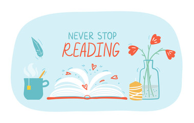 Reading open books hand drawn lettering concept