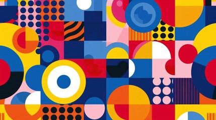 creates an abstract geometric pattern using circles and squares in vibrant colors such as blue, red, yellow, orange, pink and white
