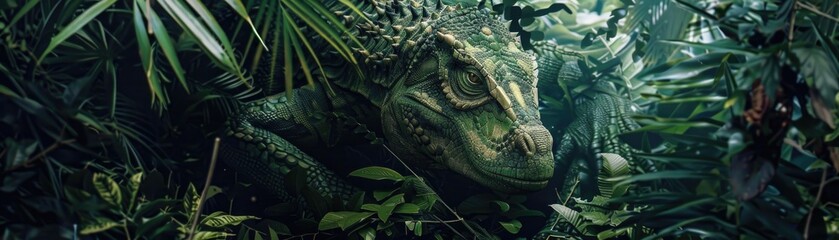 Hyper-realistic jungle behemoth, camouflaged within lush foliage - obrazy, fototapety, plakaty