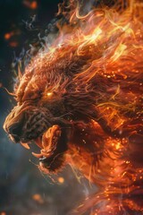 Hyper-realistic monster with a mane of living flames - obrazy, fototapety, plakaty
