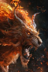 Hyper-realistic monster with a mane of living flames - obrazy, fototapety, plakaty