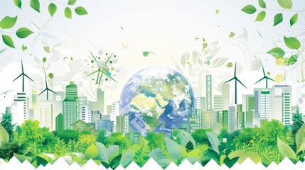Ecofriendly and green energy concept with earth globe on a white background vector illustration. A modern cityscape skyline showing sustainable eco friendly buildings