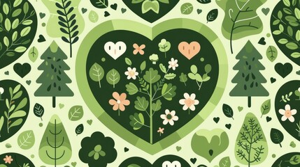 Green earth, heart-shaped tree and flower pattern background  illustrations in the style of a retro style with geometric shapes. World Environment Day concept, flat design illustration