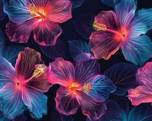 Dive into a digital garden where flowers bloom in radiant neon colors, creating a surreal and vibrant botanical experience