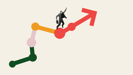Man, employee going upwards multicolored arrow symbolizing upward career progression and growth. Contemporary art collage. Achieving career goals. Concept of business, motivation, ambitions