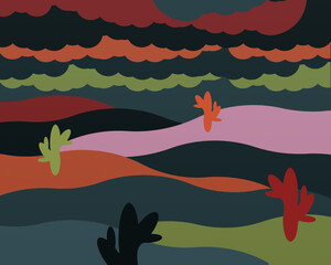 Abstract  desert Landscape in modern Constructivism Movements style. Avant-Garde Nature Background with cactus silhouettes. Surreal plot Y2K Vector aesthetic. EPS 10