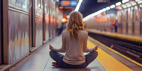 Woman doing yoga on a railway platform, ai generated. - obrazy, fototapety, plakaty