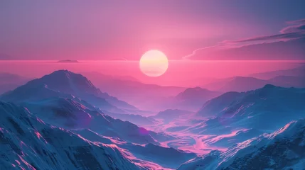Foto op Plexiglas anti-reflex sunset on the mountains with vaporwave tone color, suitable for wallpaper, poster. Generative AI © wellyans