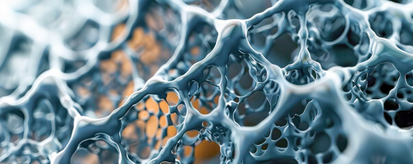 A close-up abstract image capturing the intricate details of a cellular structure, resembling an organic labyrinth with a cool blue hue and golden highlights.