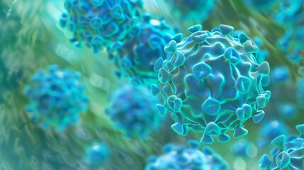 3D render of HPV infection, sexually transmitted DNA virus. Illustration of HPV virus concept, blue and green colors. - obrazy, fototapety, plakaty