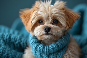 Adorable puppy in stylish animal clothing light blue crocheted sweater on blue background. Concept Pet Photography, Stylish Fashion, Crocheted Sweater, Blue Theme, Adorable Puppy