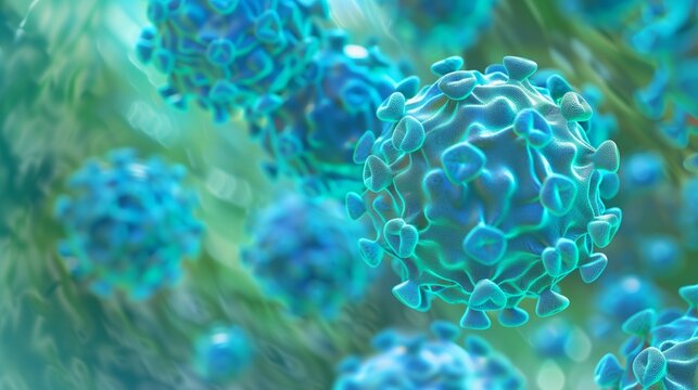 3D render of HPV infection, sexually transmitted DNA virus. Illustration of HPV virus concept, blue and green colors.