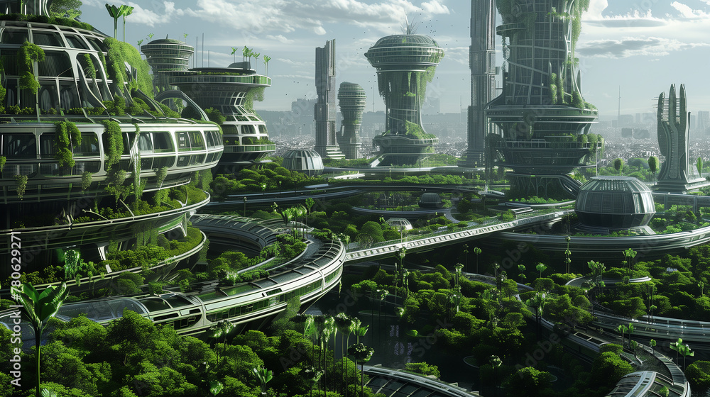 Poster green building with many trees the building is surrounded by lots of greenery and water.