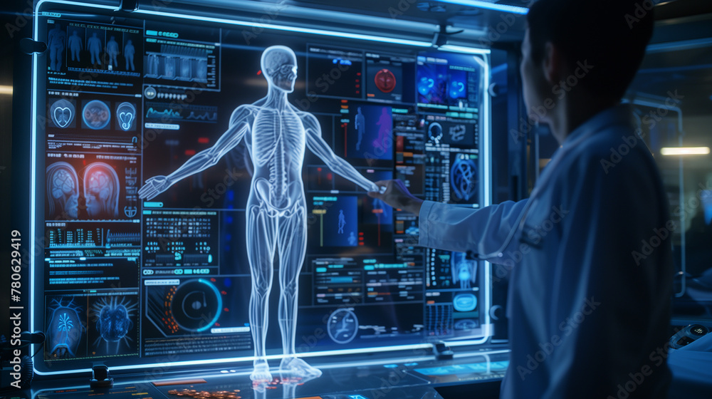 Poster a man is pointing at a computer screen that displays a 3d image of the human body. the picture was s
