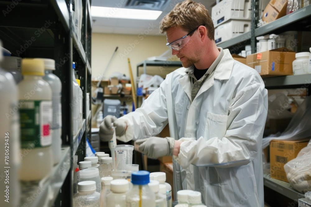 Poster scientist working in laboratory examining bottles and items on shelf in laboratory setting