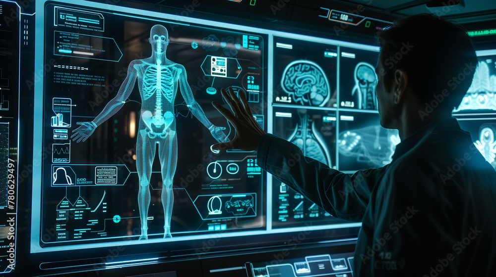 Aufkleber a man is pointing at a computer screen that displays a 3d image of the human body. the picture was s