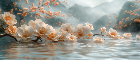 Three-dimensional oil by painting, beautiful Japanese Cherryblossom with River made from metal , white and gold, minimalist style