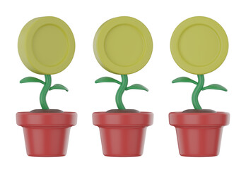 set of 3d money tree with transparent background, PNG, 3d render coin tree, red money tree