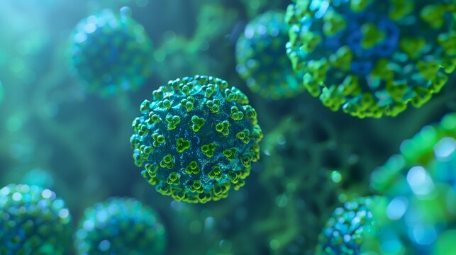 3D render of HPV infection, sexually transmitted DNA virus. Illustration of HPV virus concept, blue and green colors.