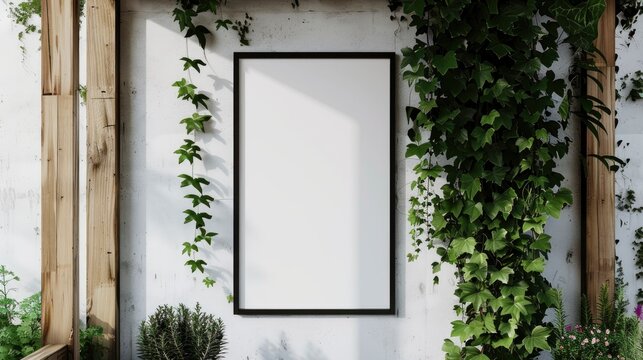 white frame background, a small black poster mockup on a white wall, green vines and flowers climbing up the sides of a modern wood structure with a hanging grape vine