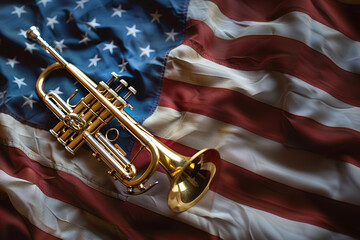 Golden trumpet on American flag, high-contrast, patriotic, vibrant tones - obrazy, fototapety, plakaty