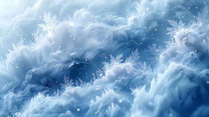 A digital art piece that abstractly interprets a snowy landscape, with white and silver elements representing snowflakes against a soft blue background.