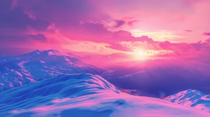 Tuinposter sunset on the mountains with vaporwave tone color, suitable for wallpaper, poster. Generative AI © wellyans