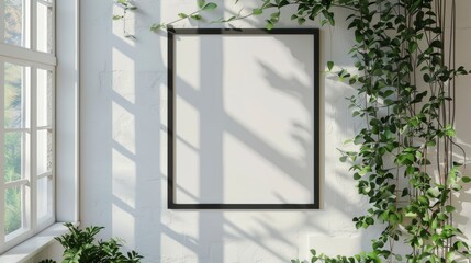 white wall with black frame mockup, hanging on white wooden trellis covered in green vines, minimalist modern aesthetic, photo realistic in the style of cinematic