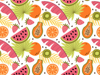 Vector seamless pattern with exotic fruits and tropical leaves. Trendy hand drawn texture. Contemporary collage.
