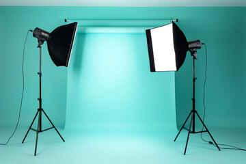 Professional light setting on plain solid color background with spotlights without model