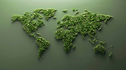 World map made of leaves. Green color, eco friendly style with green leaves in a 3D