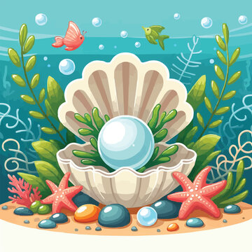 Free vector Open Pearl shell and seaweed in ocean cartoon vector icon illustration. nature object isolated flat