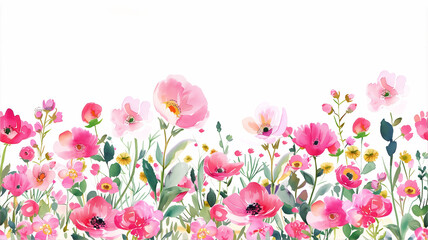 Obraz na płótnie Canvas Floral background with pink flowers. Floral horizontal banner with spring and summer blooming herbs.