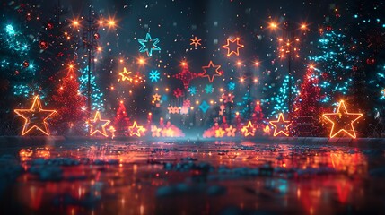 A festive, neon-lit artwork focusing on Christmas geometry, where glowing geometric lines form intricate patterns of stars and snowflakes. - obrazy, fototapety, plakaty