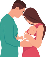 A man and a woman holding their newborn baby in their arms. Parents. Family. Vector illustration with transparent background