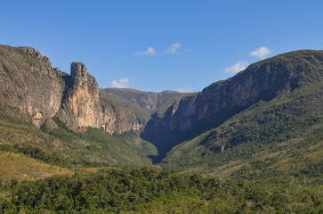 Huge canyon formed by very high vertical walls, inside it runs a river that forms some waterfalls. It is located in Serra do Cipó, Brazil	