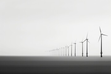 A row of wind turbines are lined up on a cloudy day - obrazy, fototapety, plakaty