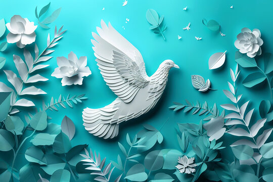 International Peace Day background with paper cut art. Bird of Peace Symbol
