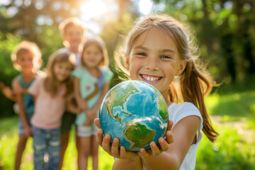 Kids embracing globe. Renewable and Sustainable Resources. Environmental and Ecology Care concept