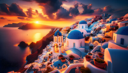 Spectacular Santorini Sunsets in Greece, Where Iconic Blue Domes Meet the Vibrant Sky - Famous Location Photography Theme - obrazy, fototapety, plakaty